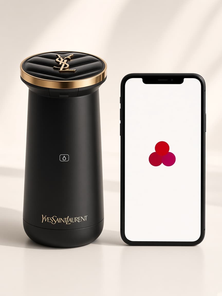 The closed device beside a phone showing three overlapping circles of color.