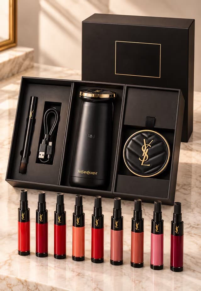 The Rouge Sur Mesure device in its open presentation box, with the retractable lip brush, cable, accessory case, and nine cartridges.