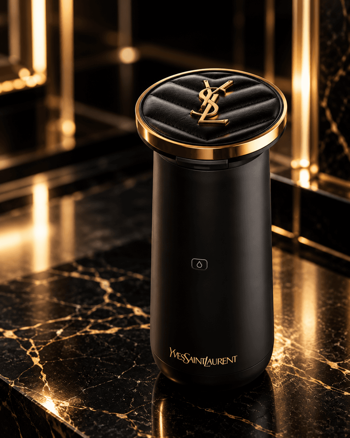 Three-quarter view of the closed Rouge Sur Mesure device on black marble.