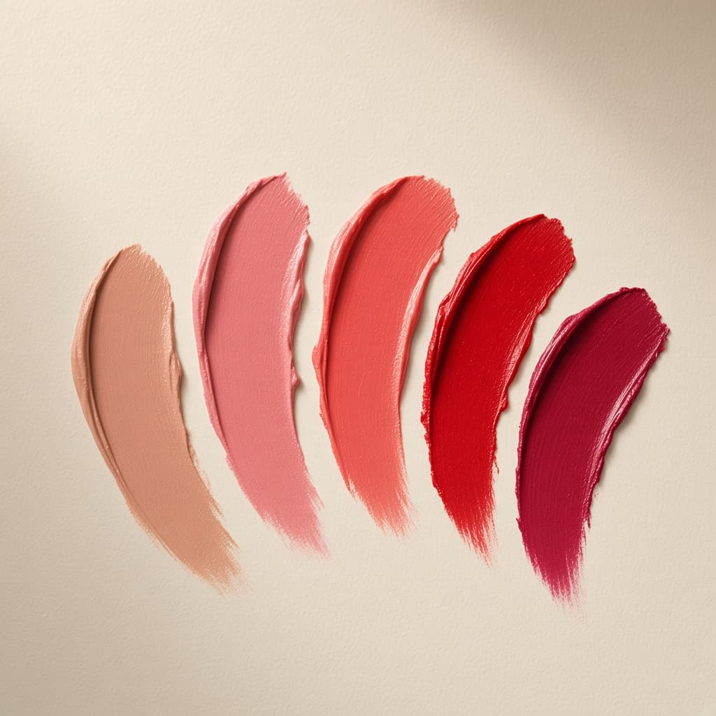 Five lip-color swatches, from nude to deep berry, on warm ivory.