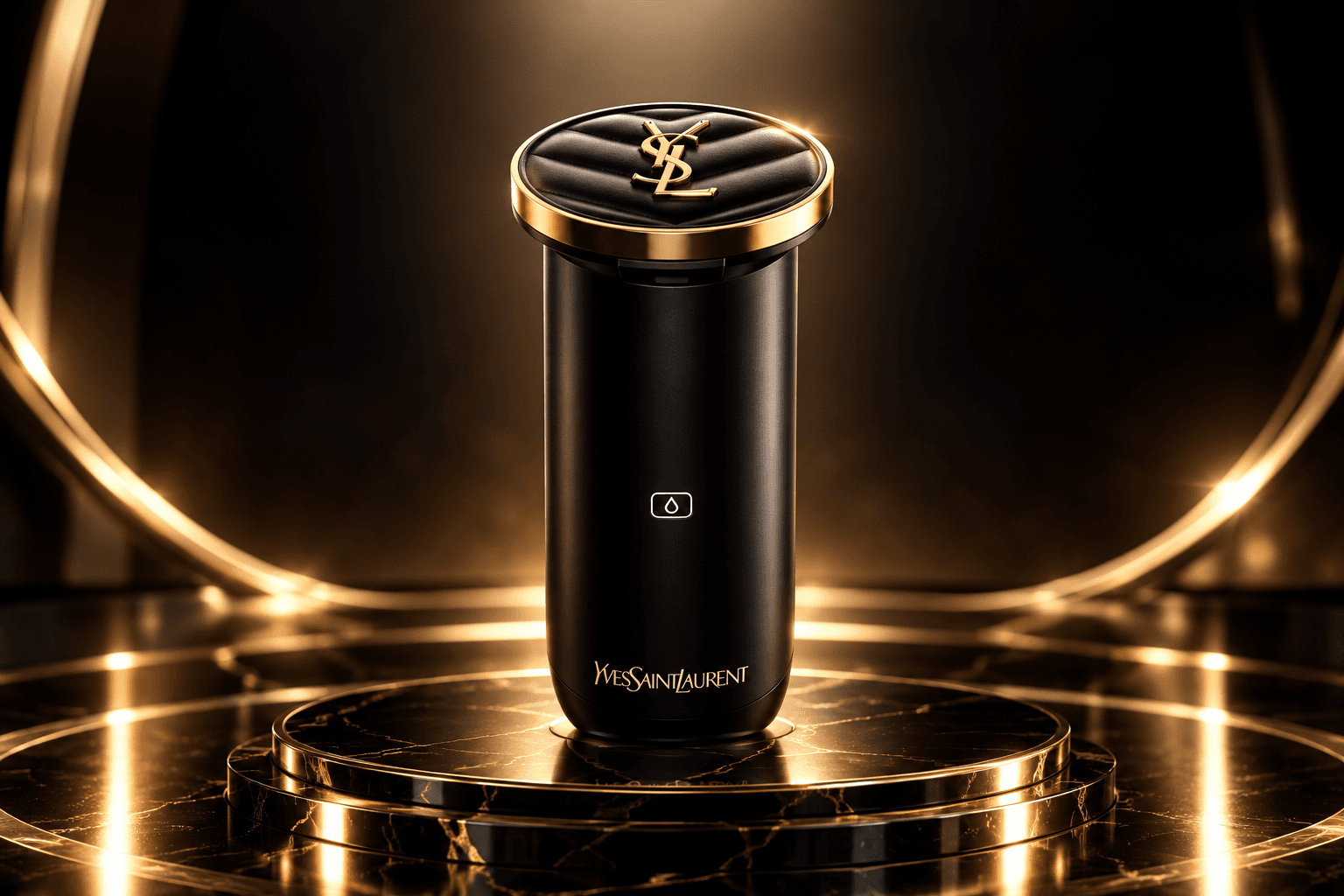 The closed device centered in a black and champagne-gold setting.