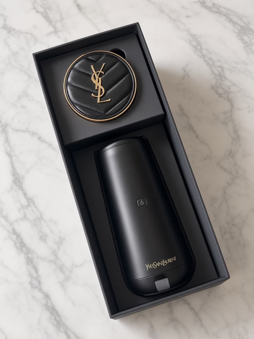 The device in its black presentation box.