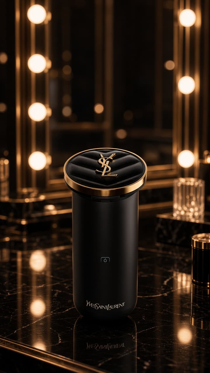 The closed device on a black vanity with warm mirror lights.
